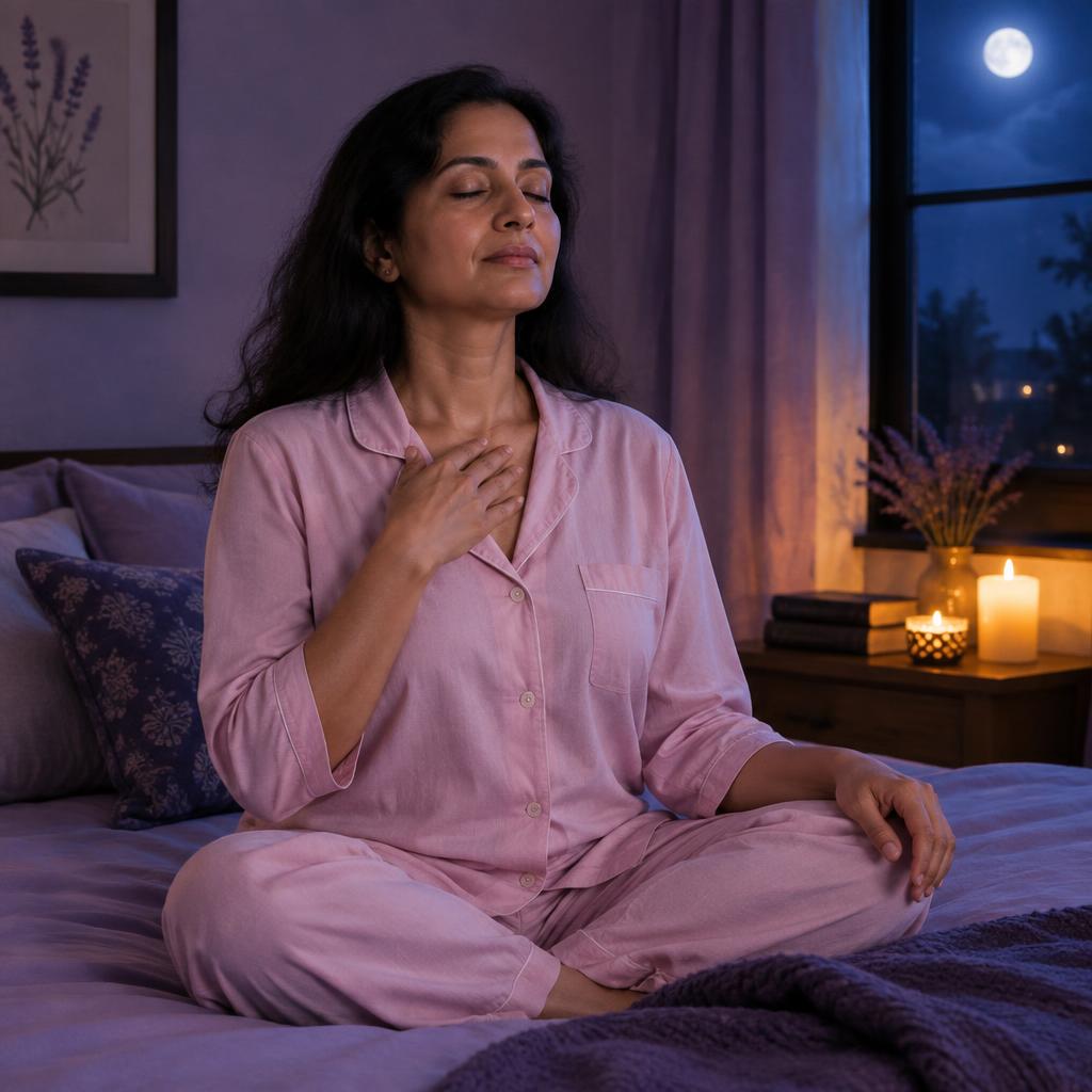 Woman doing tapping and breathing before bed